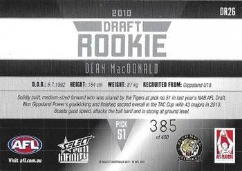 2011 Select AFL Infinity - Draft Rookies #DR26 Dean MacDonald Back